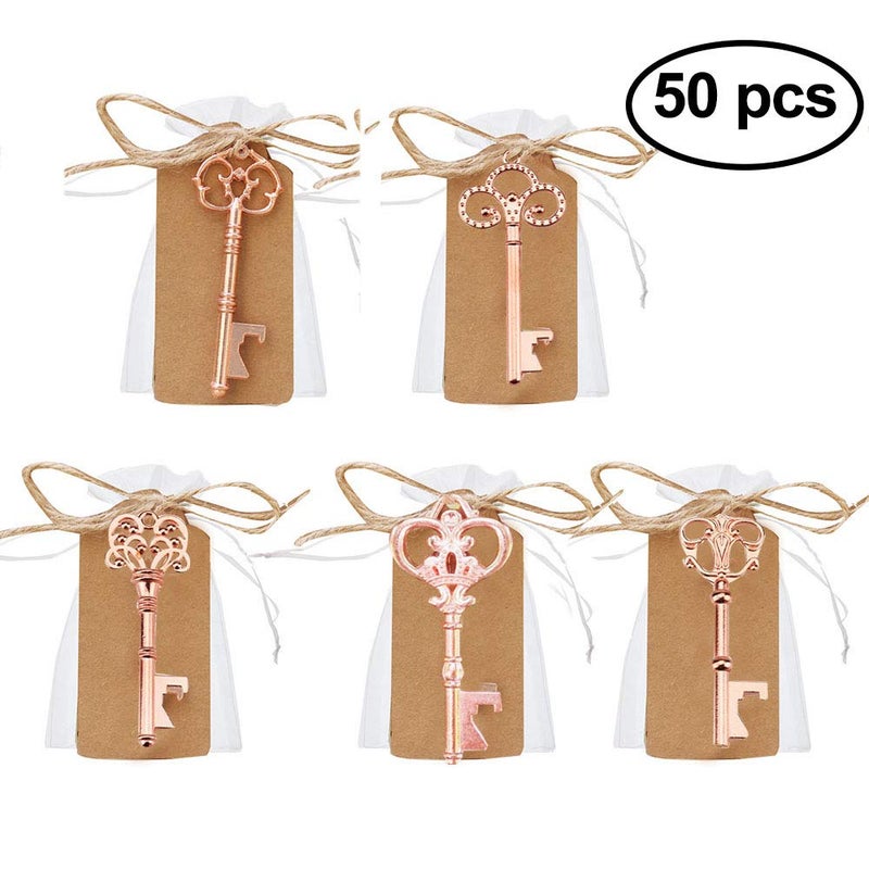 Bodosac Awtlife 50 Pcs Rustic Vintage Skeleton Key Bottle Opener with Tag Cards Sheer Bag for Wedding Party Favors 5 Style Gold Rose - Image 5